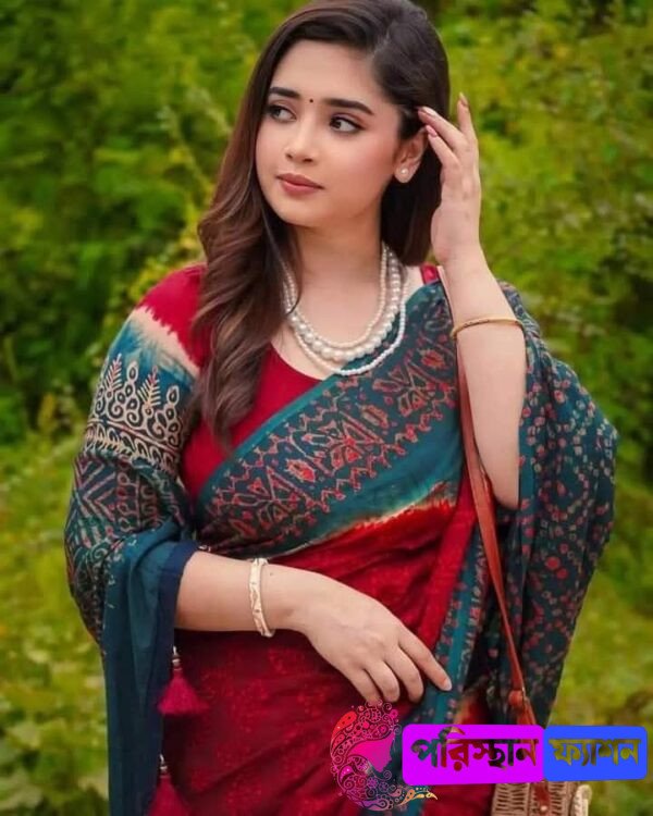 Poristhan Fashion মাধুরী বেনারসি – ডিজিটাল প্রিন্ট শাড়ি সাথে সেম প্যাটার্নের ব্লাউজ পিস