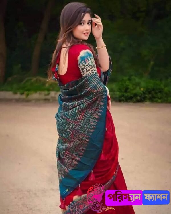 Poristhan Fashion মাধুরী বেনারসি – ডিজিটাল প্রিন্ট শাড়ি সাথে সেম প্যাটার্নের ব্লাউজ পিস - Image 3