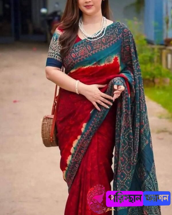 Poristhan Fashion মাধুরী বেনারসি – ডিজিটাল প্রিন্ট শাড়ি সাথে সেম প্যাটার্নের ব্লাউজ পিস - Image 2